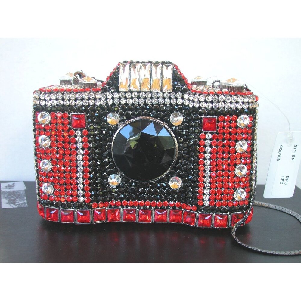Niki Lassiter Camera-Shaped Clutch Purse With Rhinestones & Black Metal Strap